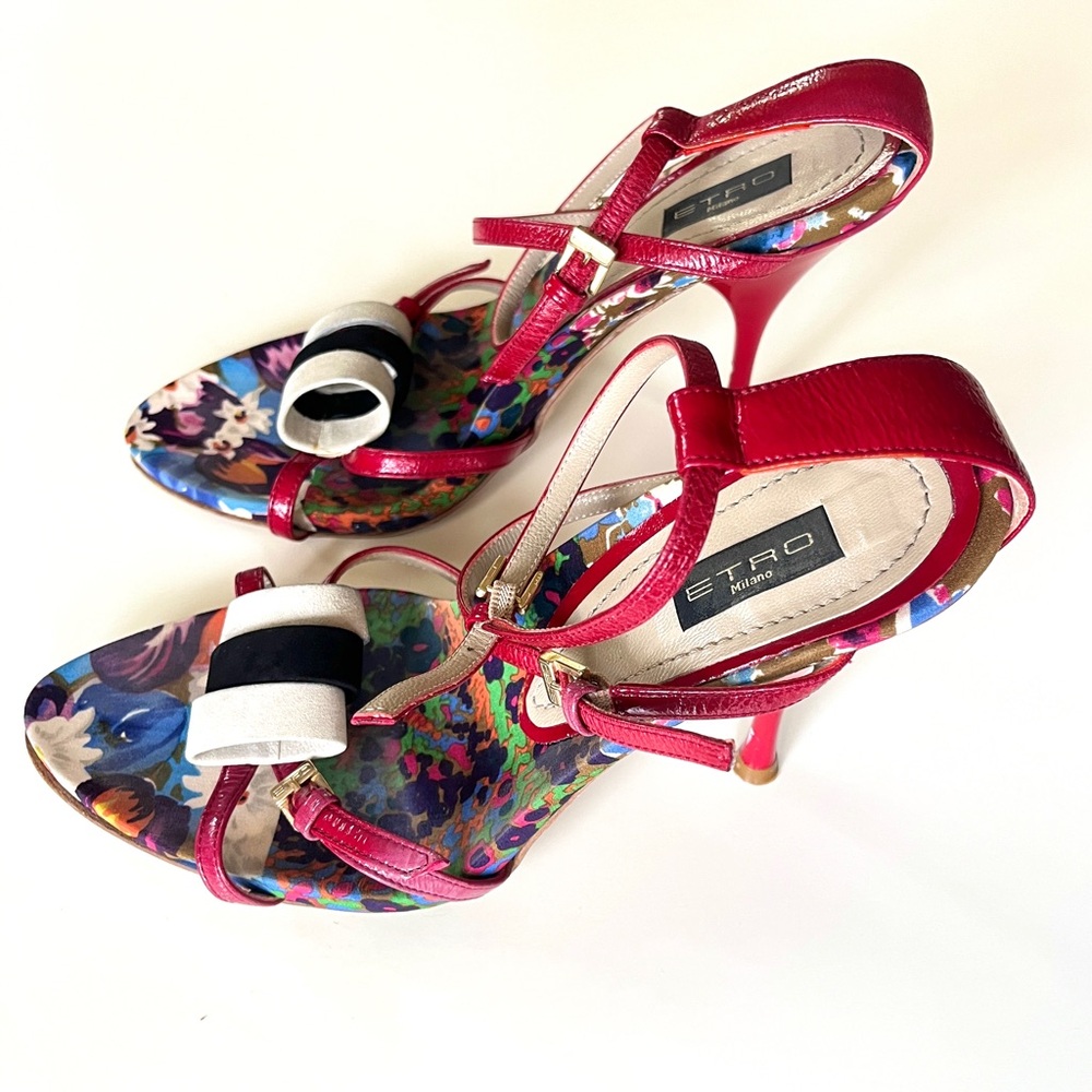 Etro Milano Red Patent Leather Stiletto Heels w/ Ankle Strap & Open Toe